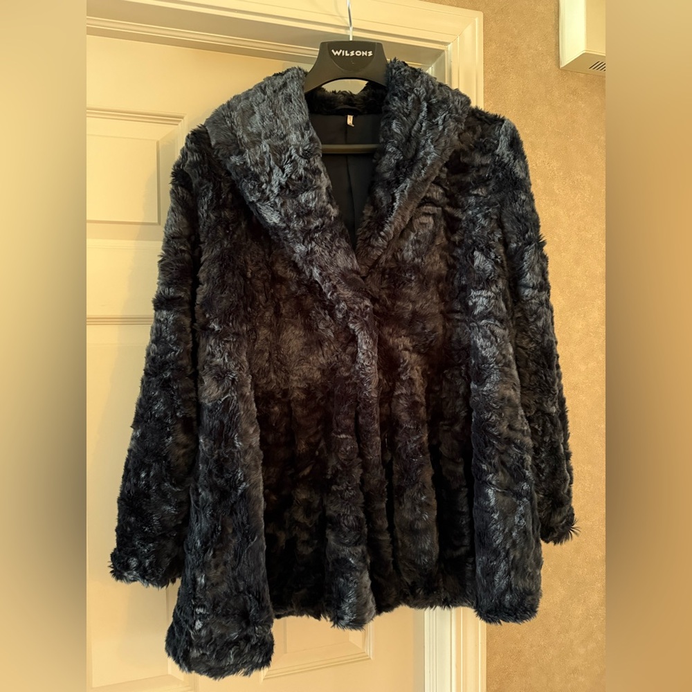 Free People Faux Fur Swing Bliss - Midnight Blue Jacket Size S
